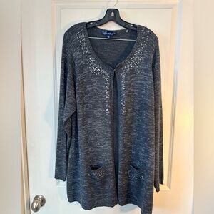 Susan Graver Charcoal Grey Sequin Long Line 1 Prong Closure Cardigan Sweater, XL
